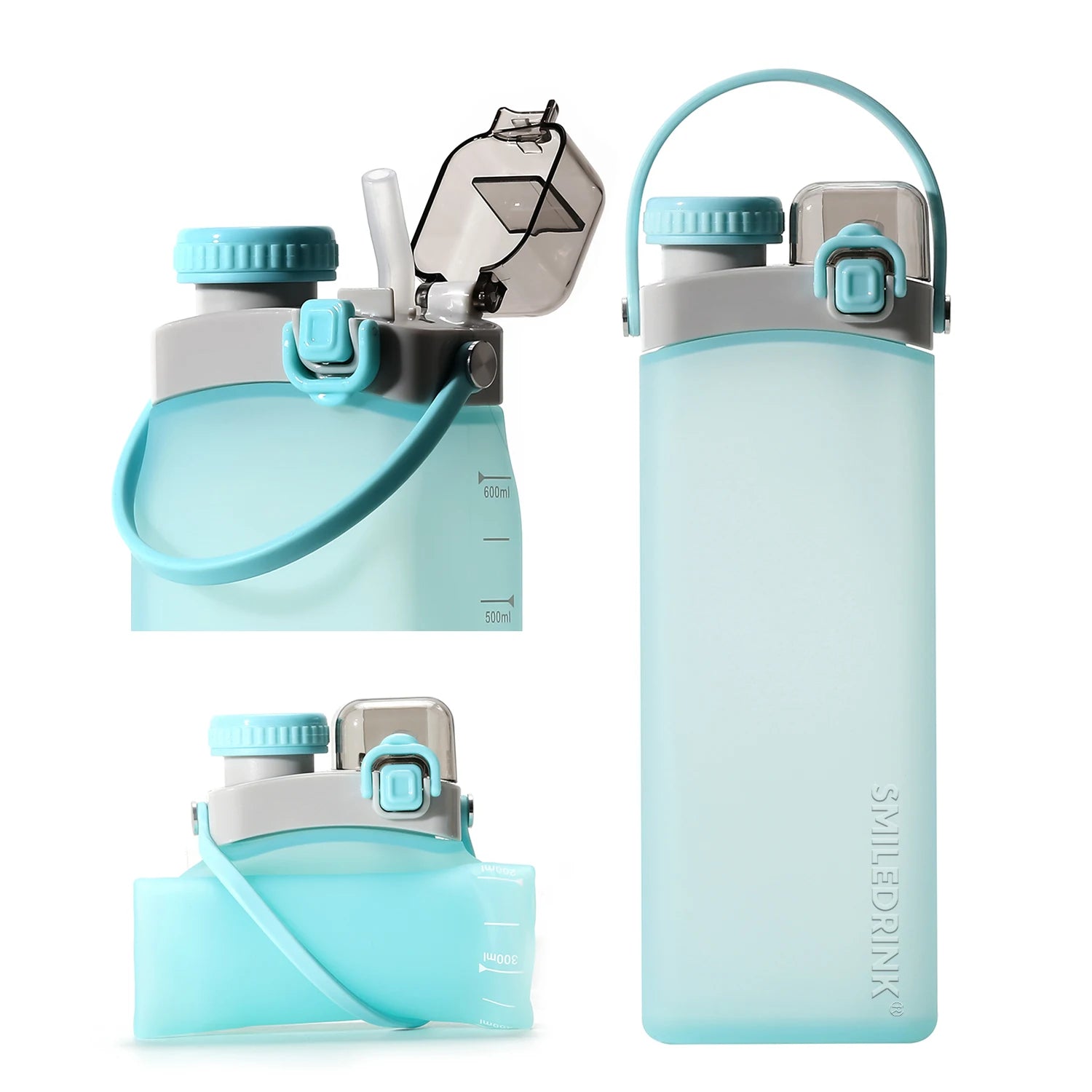 Smiledrink Custom Logo Folding Silicone Water Bottle 600ml Eco-Friendly Leak-Proof Lid for School and Travel Children Friendly