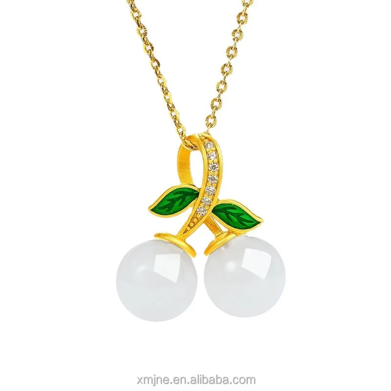 Certified S925 Sterling Silver Ancient Method Gold Plated Inlaid Hetian White Jade Cherry Pendant Vintage Gift Necklace