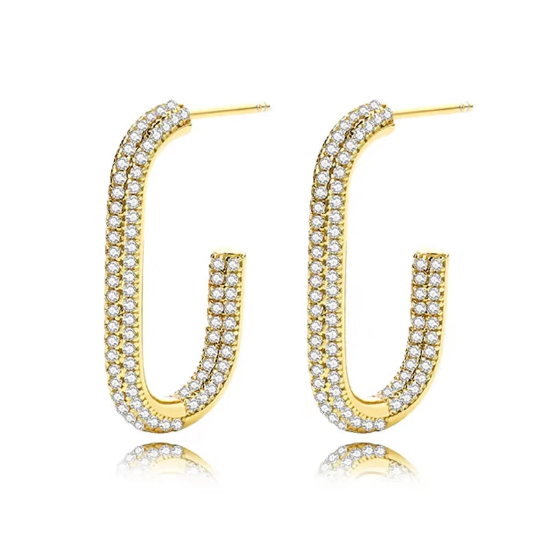 DAMILA Fine Jewelry 18K Gold Plated Earring Full Cubic Zirconia C Shape Earring Stud for Women