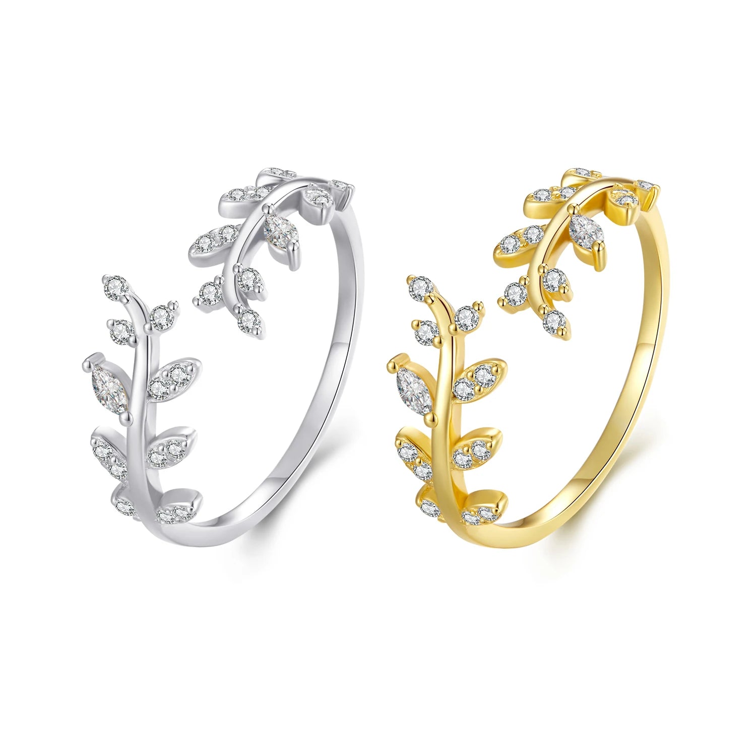 Korean Style Crystal CZ Stone Leaf Open Ring for Women 2 Colors Simple Resizable 925 Sterling Silver Cluster Ring