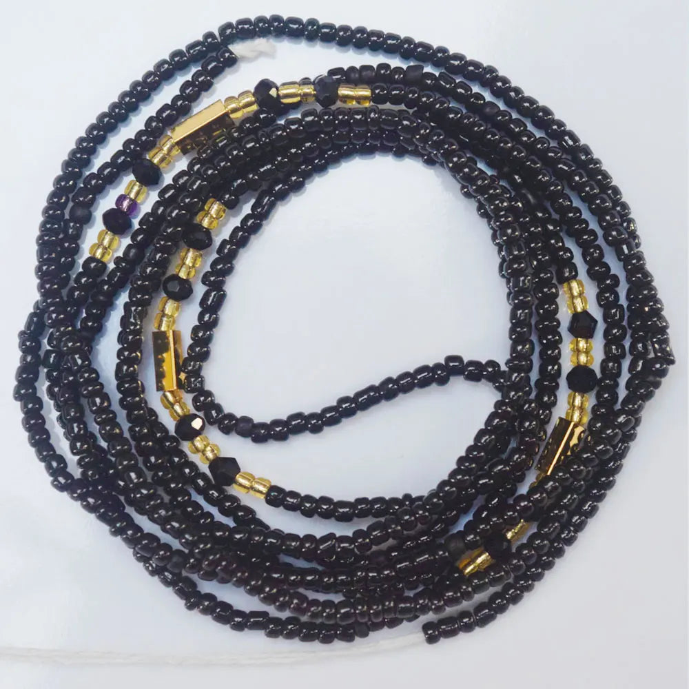 Black Beads Gold Tube Bead Charm Weightloss Double String Cotton Tie on African Waist Beads Belly Chain Body Jewelry