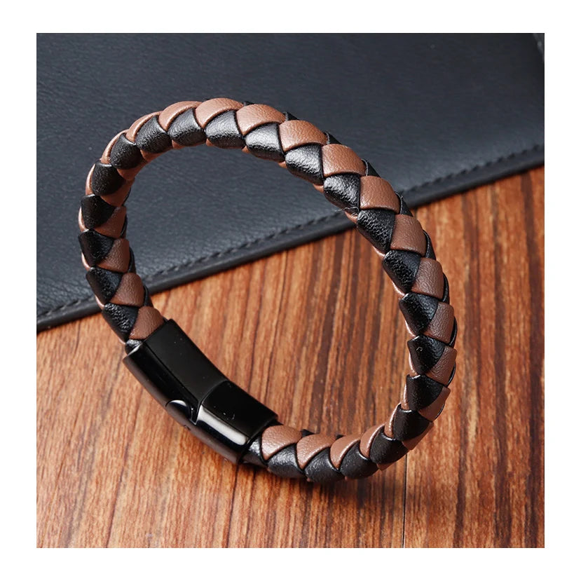 Black Men Black Genuine Leather Bracelet with Stainless Steel Magnetic Clasp Leather Band Jewelry Bracelet for Men