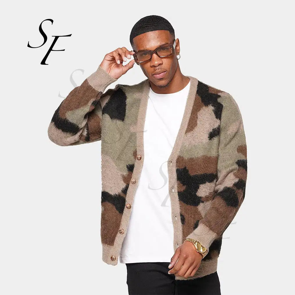 Wholesale Custom Logo Hand Knitted Cardigan Sweater Acrylic Men Camo Kimono Cropped Mohair Cardigan for Men