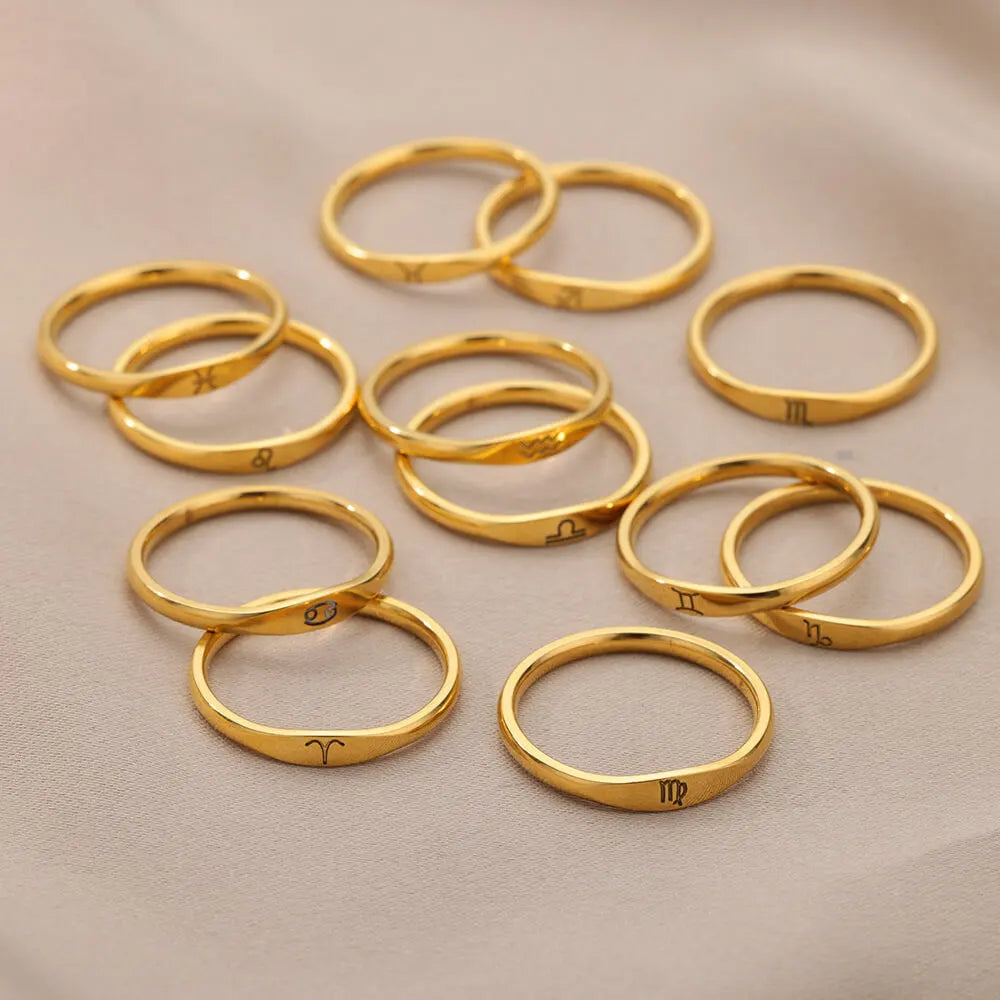 Hot Selling Trendy 12 Horoscope Gemstone Ring Men Women Jewelry Stainless Steel 18k Gold Plated Couples Custom