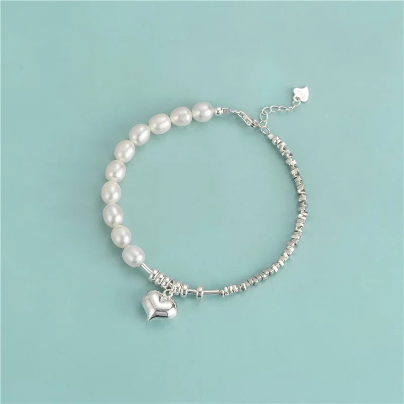 Vintage 925 Sterling Silver Daily Beaded Bracelets Triangles Spacer Beads Pearl Patchwork Bracelets With Heart Charms Wholesale