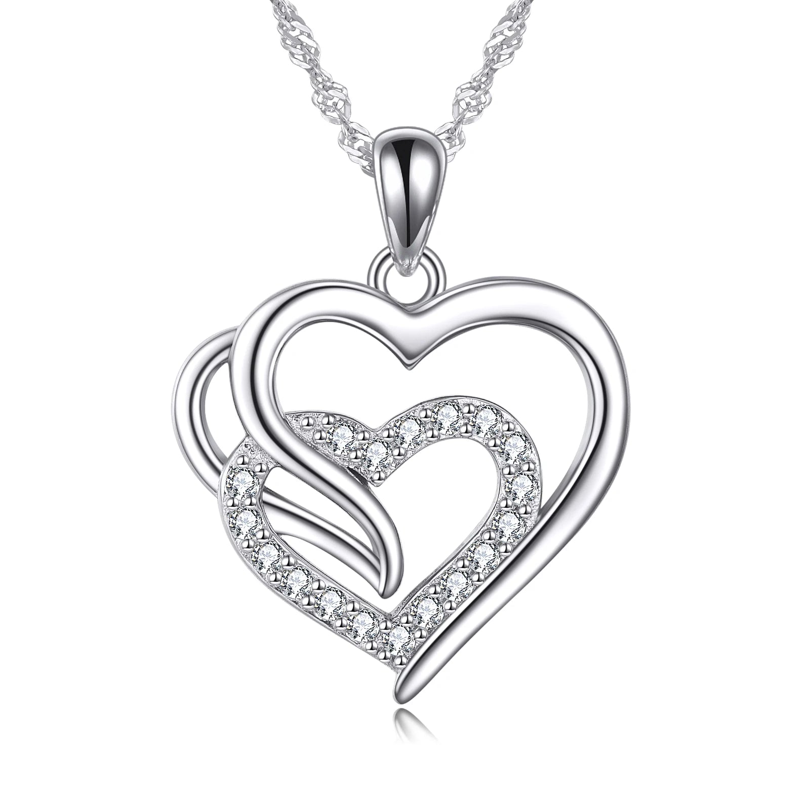 Engagement Jewelry 925 Sterling Silver Double Love Heart Pendant Necklace for Women