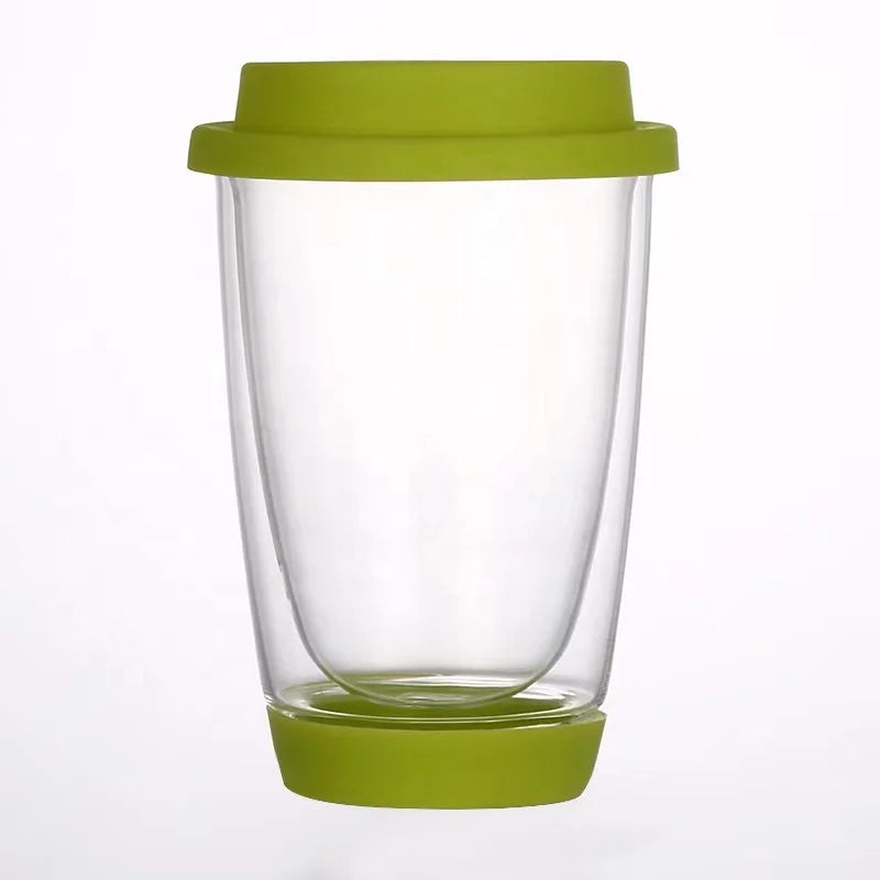12 oz Double Wall Glass Tumbler Custom Logo Pink Black Colorful Silicone Lid 350ml Travel Gifts Wholesale Stocked Coffee Mug