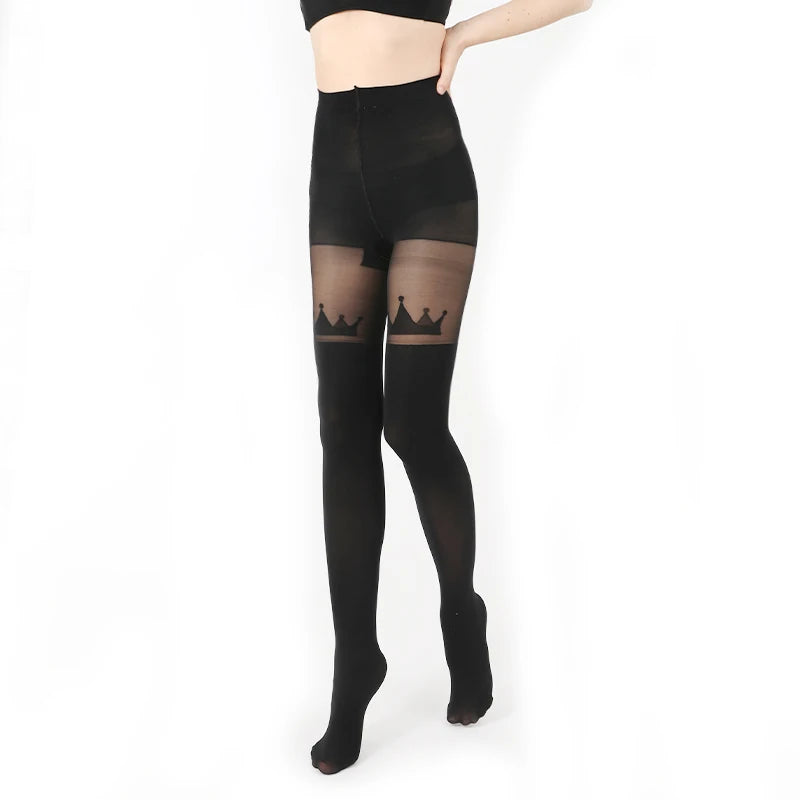 Fashion Crown Pattern High Waist Black Tights 40/280D Sheer Upper Thigh Opaque Lower Legs Soft Stretchy Thick Pantyhose