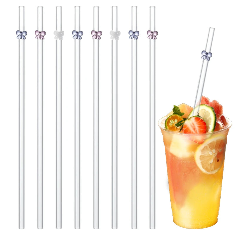 6 Pack Reusable Straws 40 OZ Tumbler Drinking Cute Art Colorful Butterfly Heart Clear Bow Glass Straw With 2 Cleaning Brushes