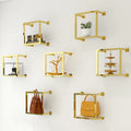 Custom Metal Square Shape Bag Rack Shiny Gold Wall Bag Clothing Display Stand for Clothing Shop