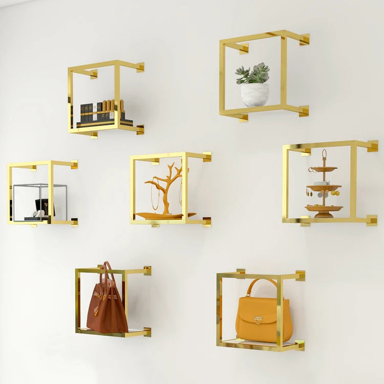 Custom Metal Square Shape Bag Rack Shiny Gold Wall Bag Clothing Display Stand for Clothing Shop