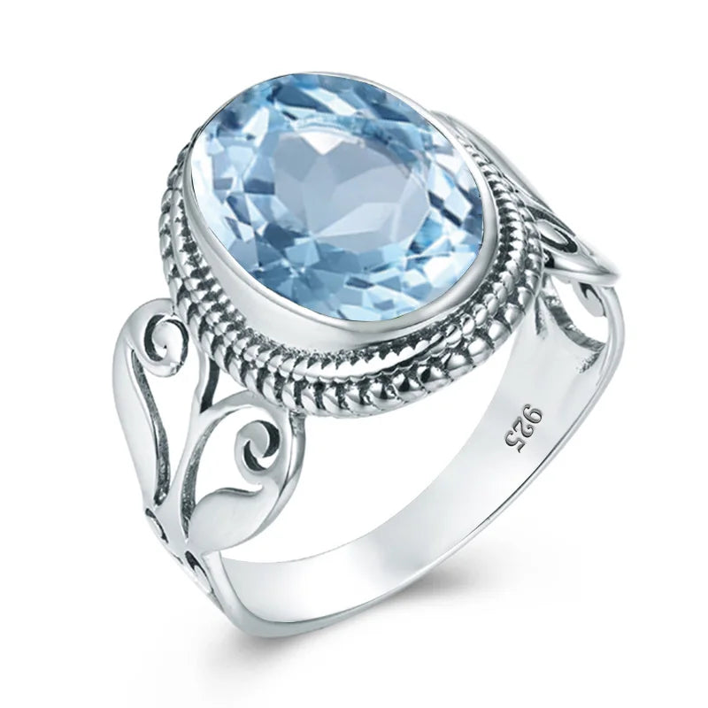 Bishop Style Real Silver 925 Oval Cut Aquamarine Blue Gemstone Men's Vintage Flower Shape Cocktail Ring Jewelry for Party