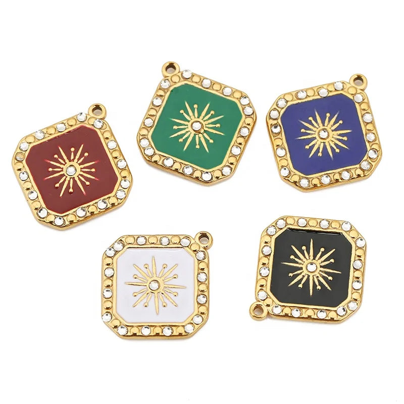 5Pcs Stainless Steel Enamel Rhomboid Spot Drill Sun Charms Pendants for Necklace DIY Earrings Making Jewelry Accessories