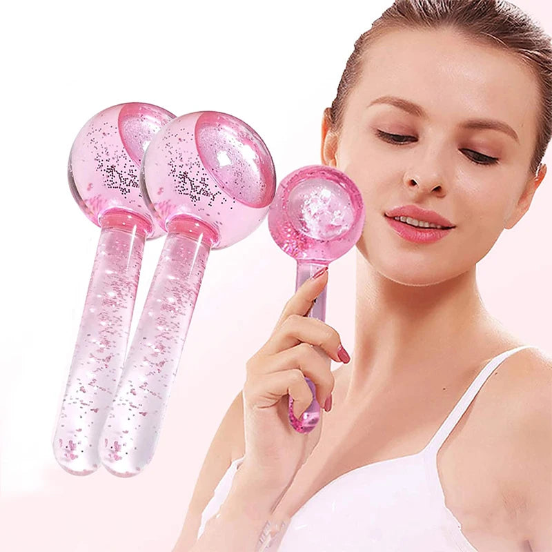 Two Size Glass Globes Cooling Pink Ice Globe Ball Beauty Face Skin Ball Eye Massage Water Wave Roller