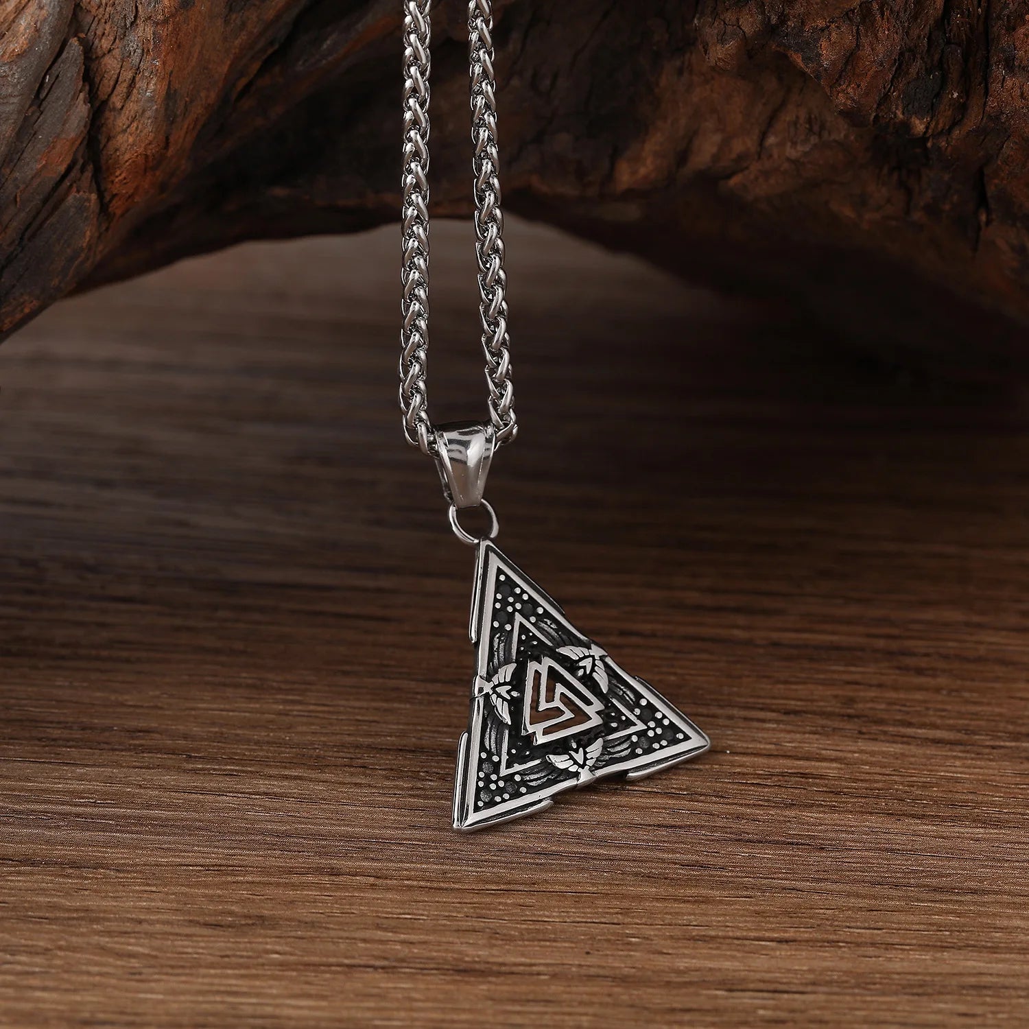 MECYLIFE Viking Valknut Triangle Pendant Necklace Vintage Stainless Steel Necklace Raven Bird Necklace for Men