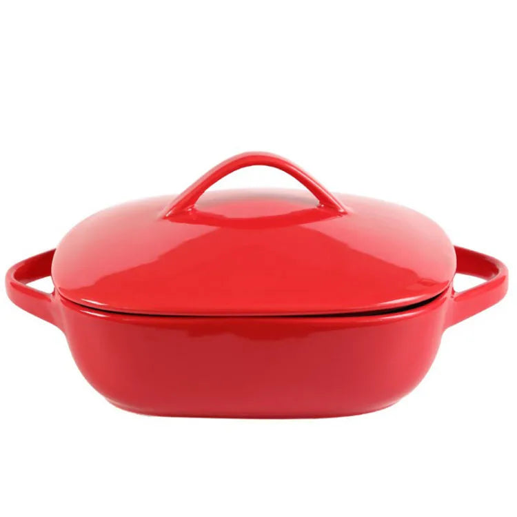 Red and White Ceramic Baking Bowl with Handle Square Microwave Oven Tray for Home Cheese Cutlery Included