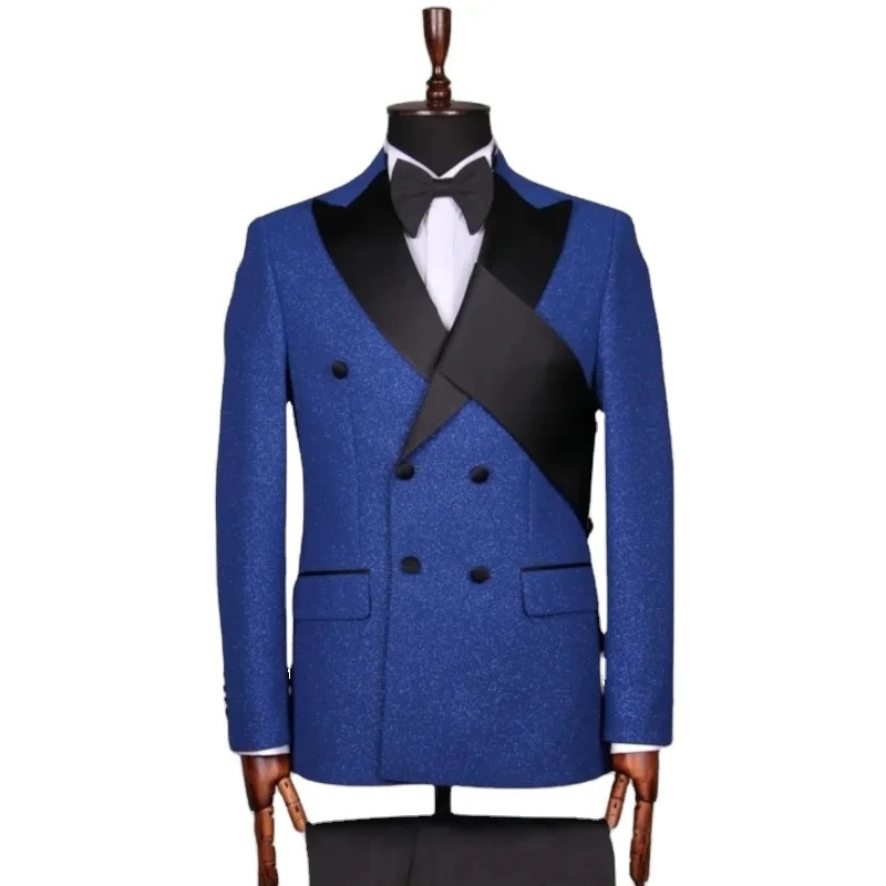 Shinny Fabric Wedding Suit for Men Jacket Double Breasted Special Design Blazer Pants Male Fashion Costume Formal Suits Set