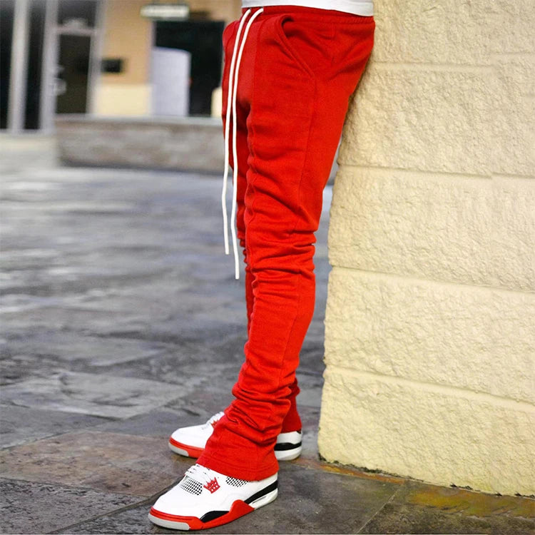 Streetwear Men Stacked Joggers With Pocket Custom Logo Red Sweatpants Wholesale 100% Cotton Flare Pants Men