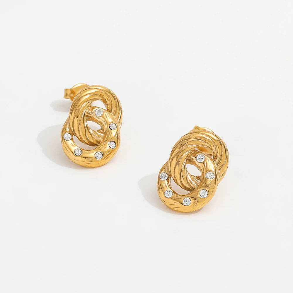JOOLIM Jewelry High End 18K Gold Plated AAA Zirconia Twist Circle Dangle Stud Stainless Steel Earrings Fashion Jewelry
