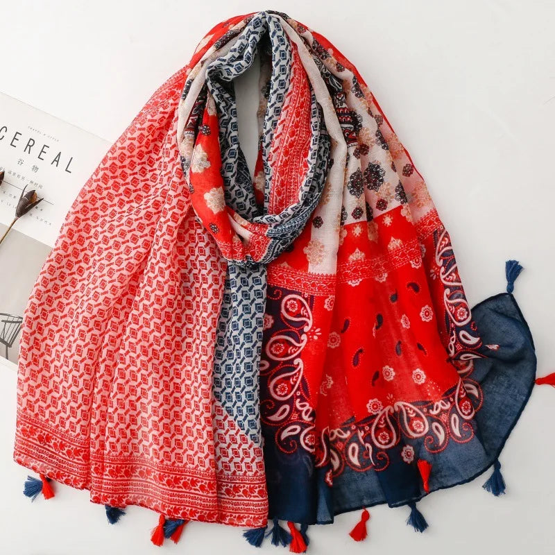 Custom Own Designs Lightweight Soft Cotton Voile Printed Scarves Bohemian Style Red Blue Geometric Cashew Flower Print Shawls