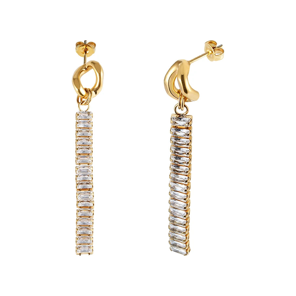 Fashion Jewelry Women Diamond Long Tennis Chain 18k Gold Plating Stainless Steel Zircon Drop Earrings