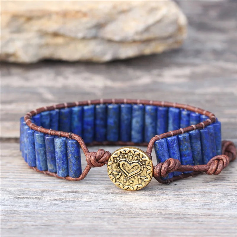 Unique Tube Shape Lapis Lazuli Single Leather Wrap Bracelets Wholesale Handmade Bohemian Weaving Bracelet Wholesale Dropshipping