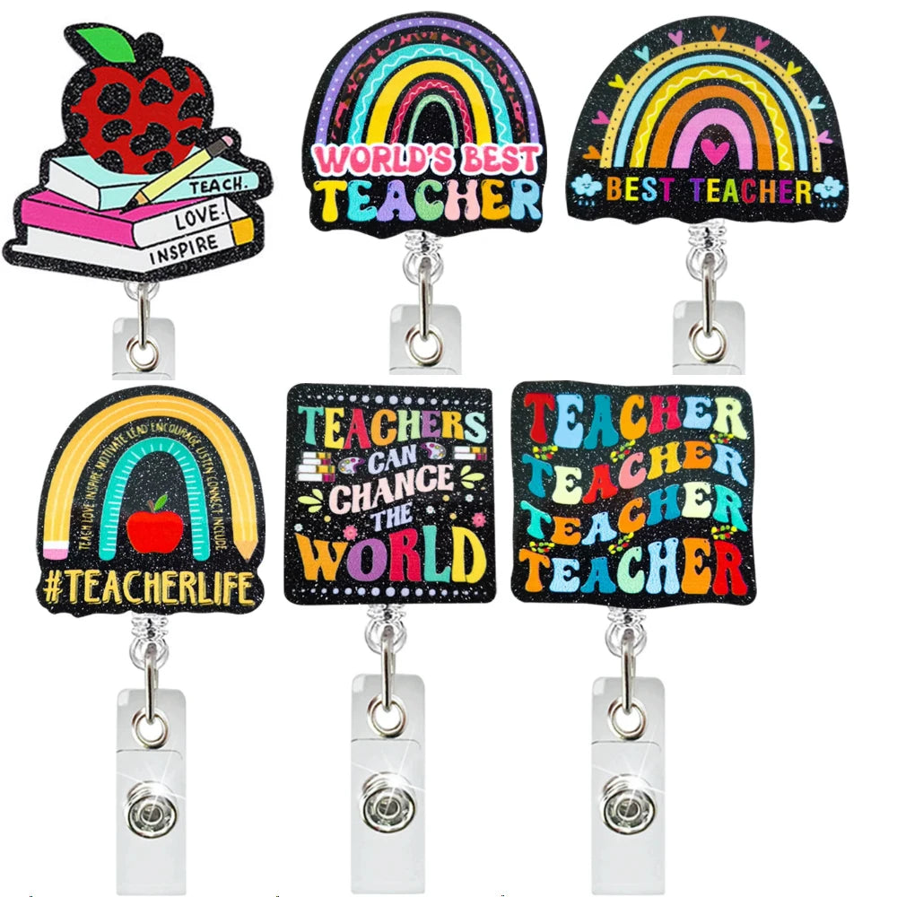 Glitter Acrylic Plastic Office Teacher Badge Holder Eductor Decoration Gifts Name Badge Reel Card With Clip