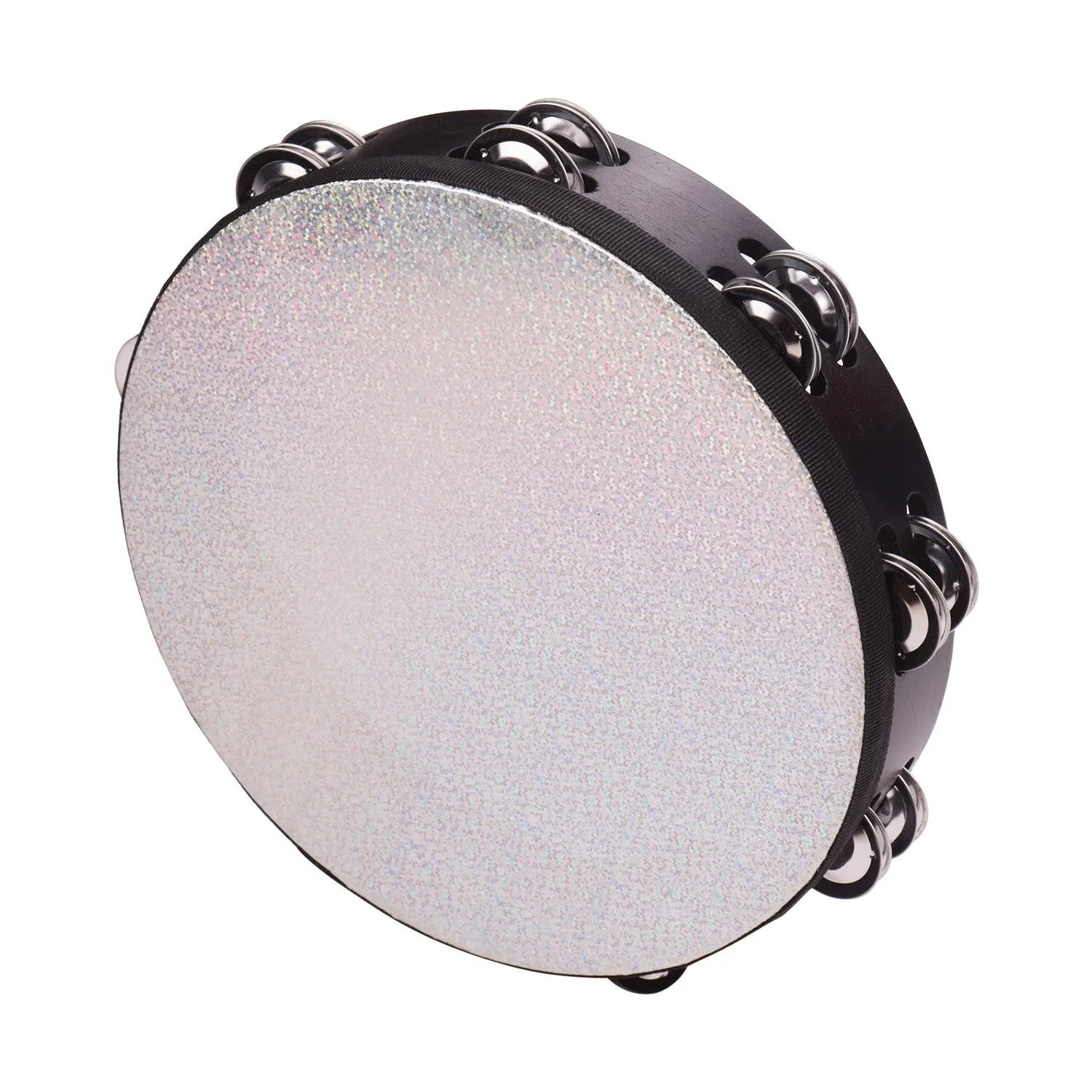 10 Inch Wooden Radiant Tambourine Handbell Hand Drum with Double Rows Jingles Shining Reflective Drum Head Percussion