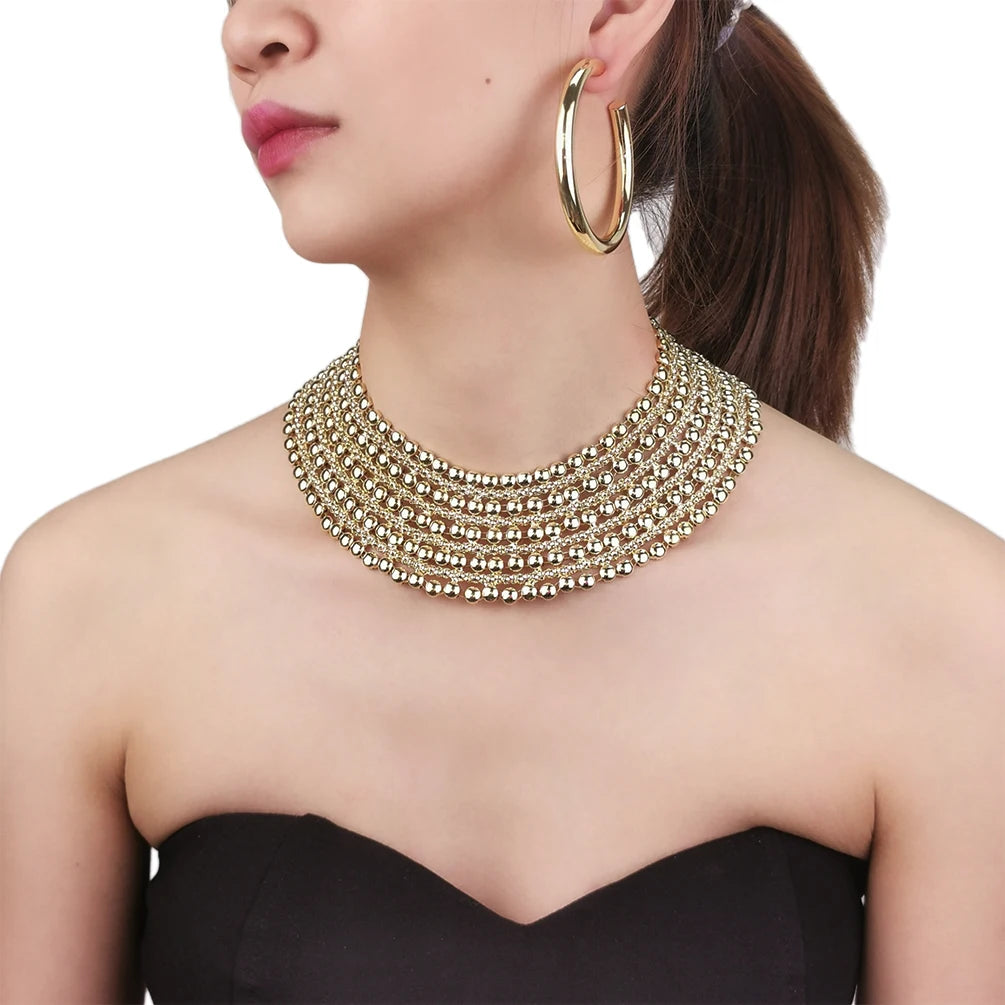 HANSIDON Classic Gold Plated Jewelry Set Metal Beads Bib Choker Necklace Punk Simple Hoop Earrings African Women Accessories