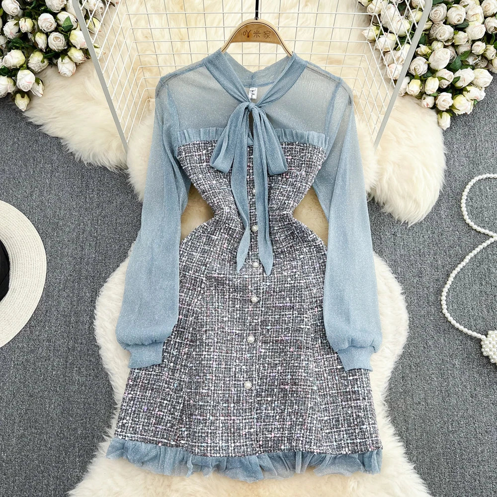 Autumn Small Fragrance Temperament Bow Tie Tie Tweed Lattice Dress