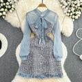 Autumn Small Fragrance Temperament Bow Tie Tie Tweed Lattice Dress