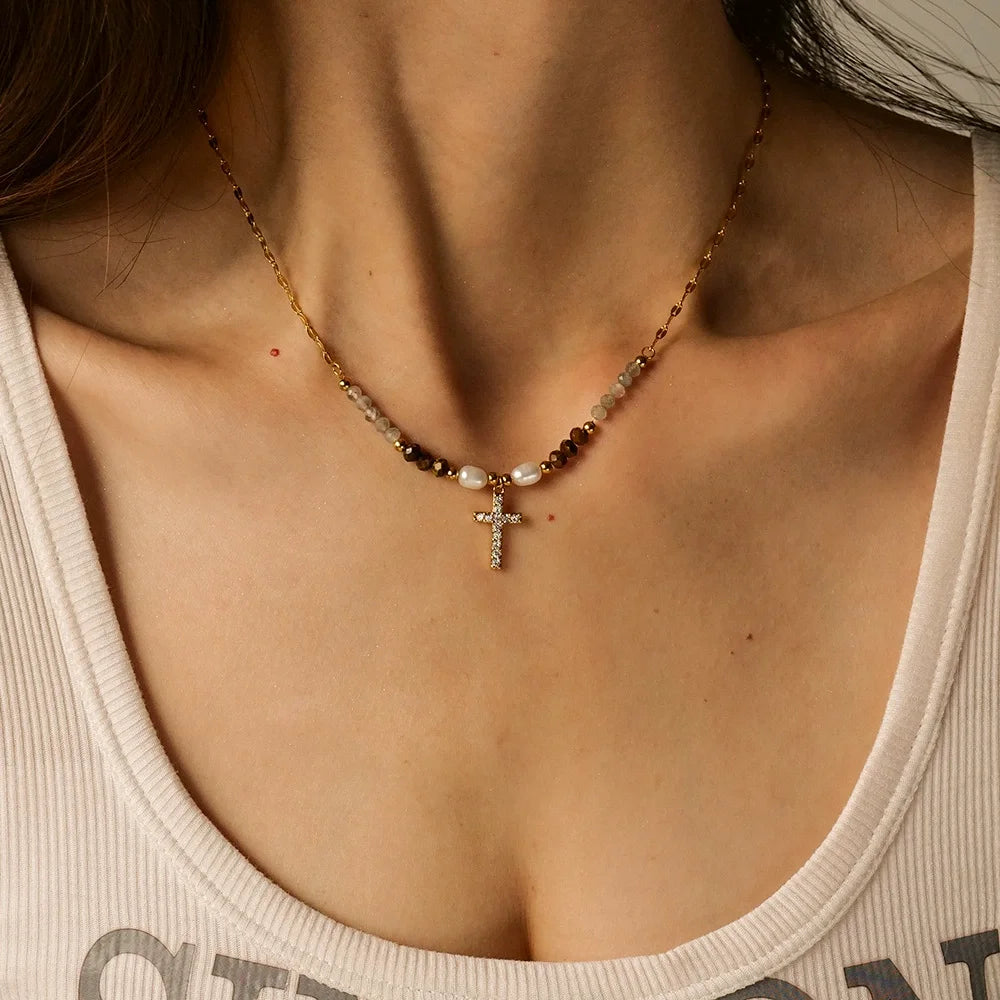 New Trendy BOHO Stainless Steel Freshwater Pearl Necklace Stone Beaded CZ Lips Chain Cross Pendant Choker Necklace for Women