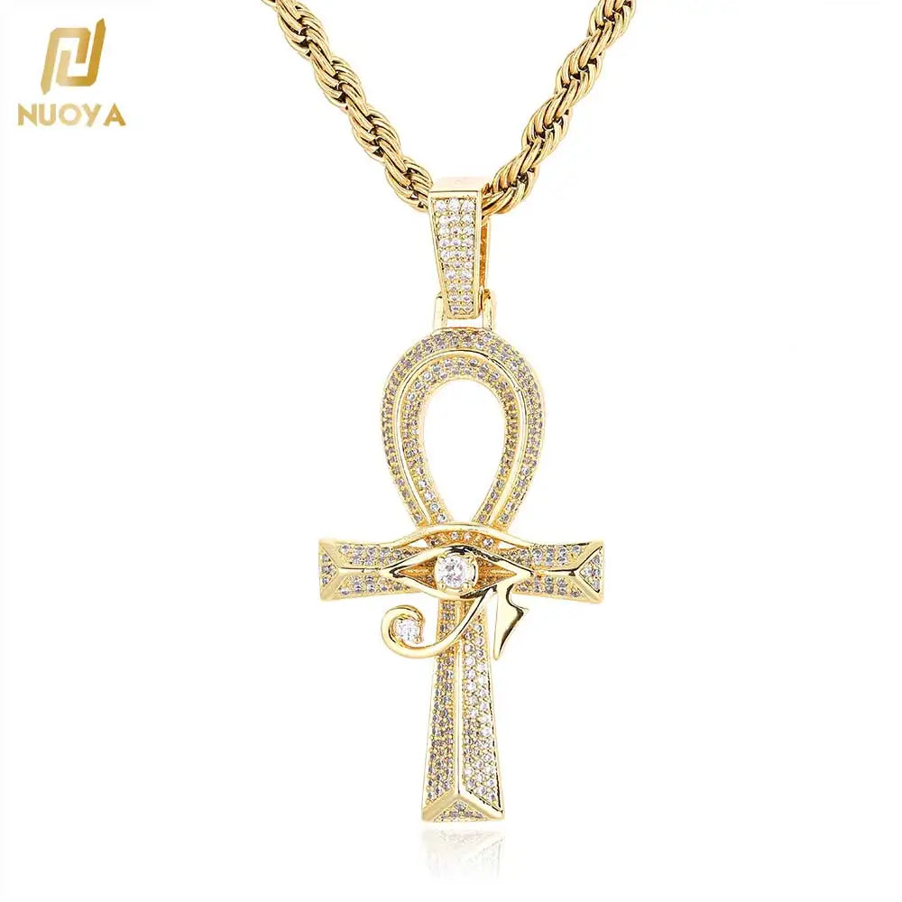 Nuoya Ancient Egyptian Amulet Ankh Cross Pendant Bling CZ Stone 18k Gold Plated Eye of Horus Ankh Pendant Necklace for Men