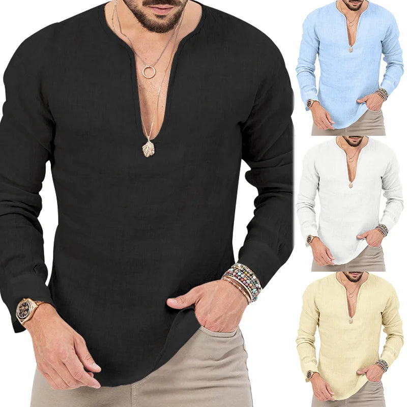 Wholesale Men's Casual T-Shirts Soild Full Long Sleeve Sport Tshirt Linen Summer Fall Men Clothing for Men