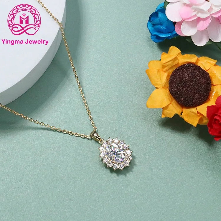 Luxury Women Jewelry 7x9mm 2 Carat Oval Cut 14K Yellow Gold Moissanite Pendant Necklace for Bride Wedding Engagement