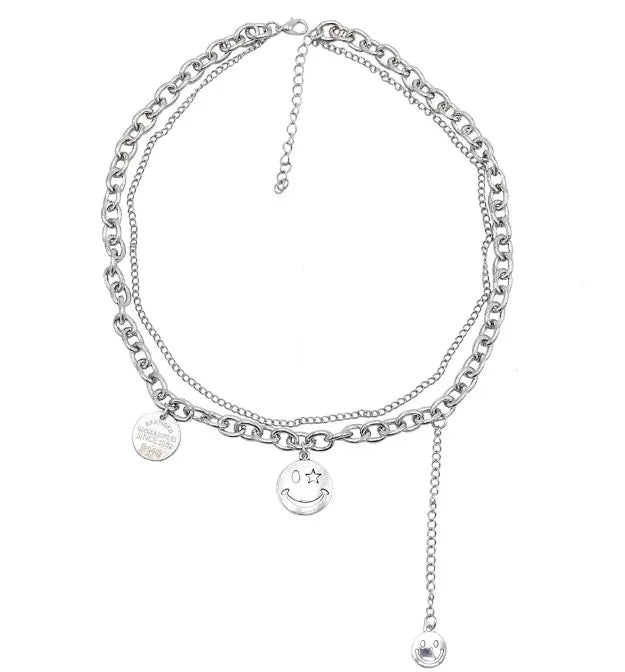 2 Styles Fashion Silver Chain Rhinestone Butterfly Smile Pendant Necklaces for Women Girl Party Jewelry