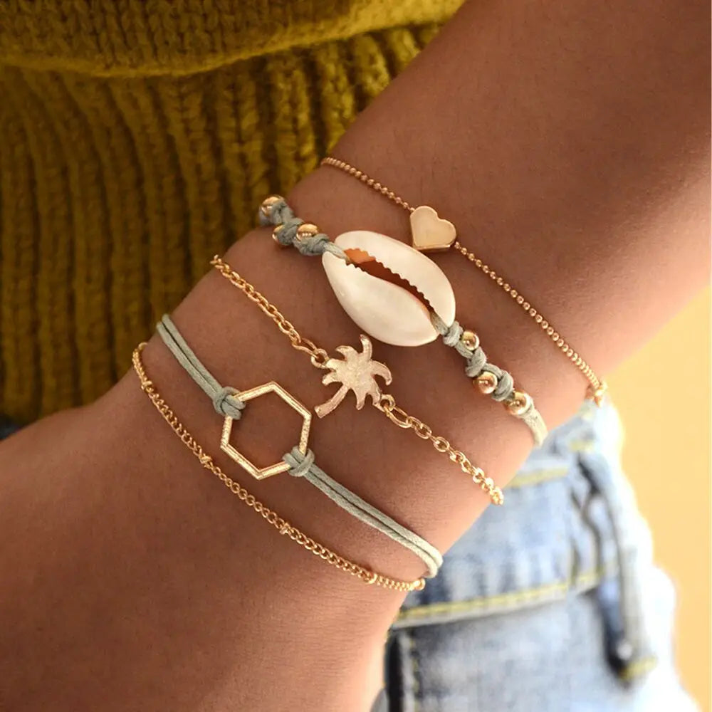 SC 2022 New Fashion Jewelry Gold Bracelet Multilayer Knotted Braided Rope Bracelet Elegant Shell Coconut Tree Heart Bracelet