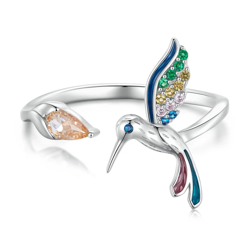 New 925 Sterling Silver Hummingbird Opening Ring Colorful Zircon Adjustable Ring for Women Birthday Gift Fine Jewelry BSR391