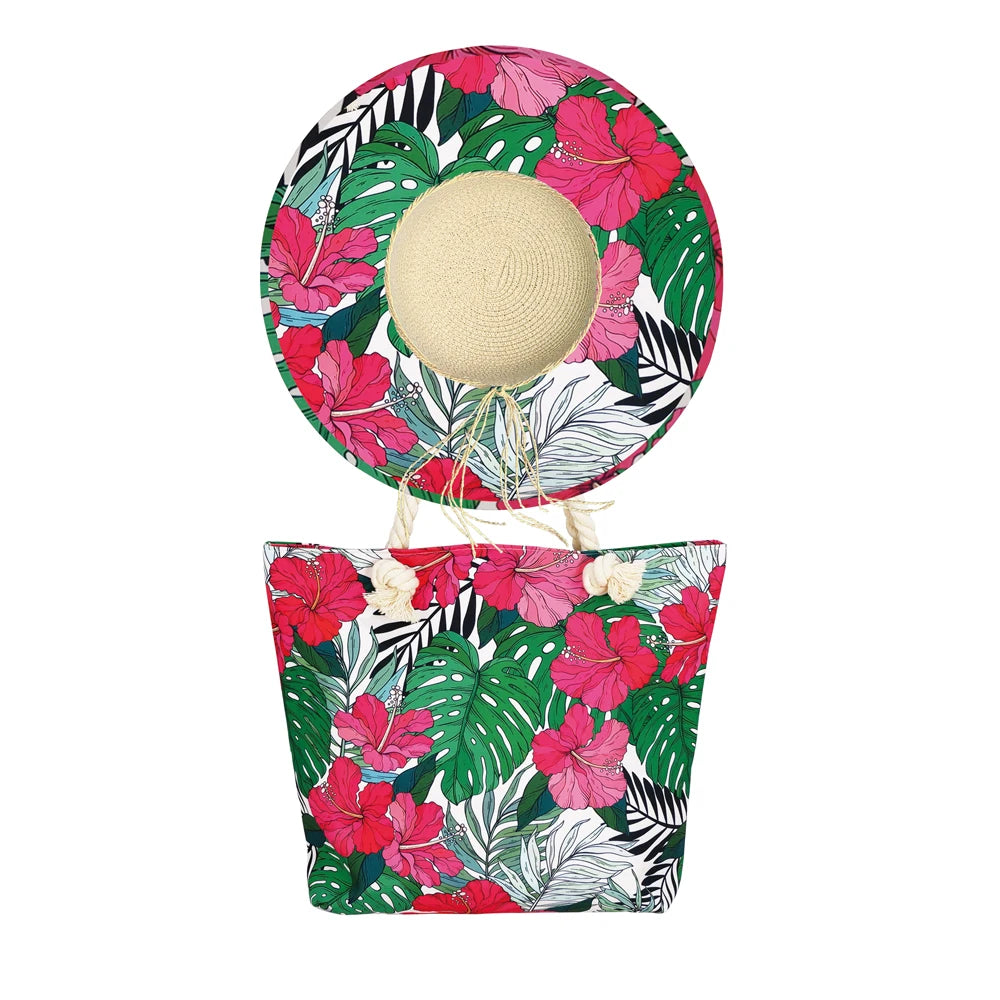 Rose Red Tropical Floral Women's Inner Pocket Beach Tote Bags and Matching Zipper Shoulder Bags Fashion Purses
