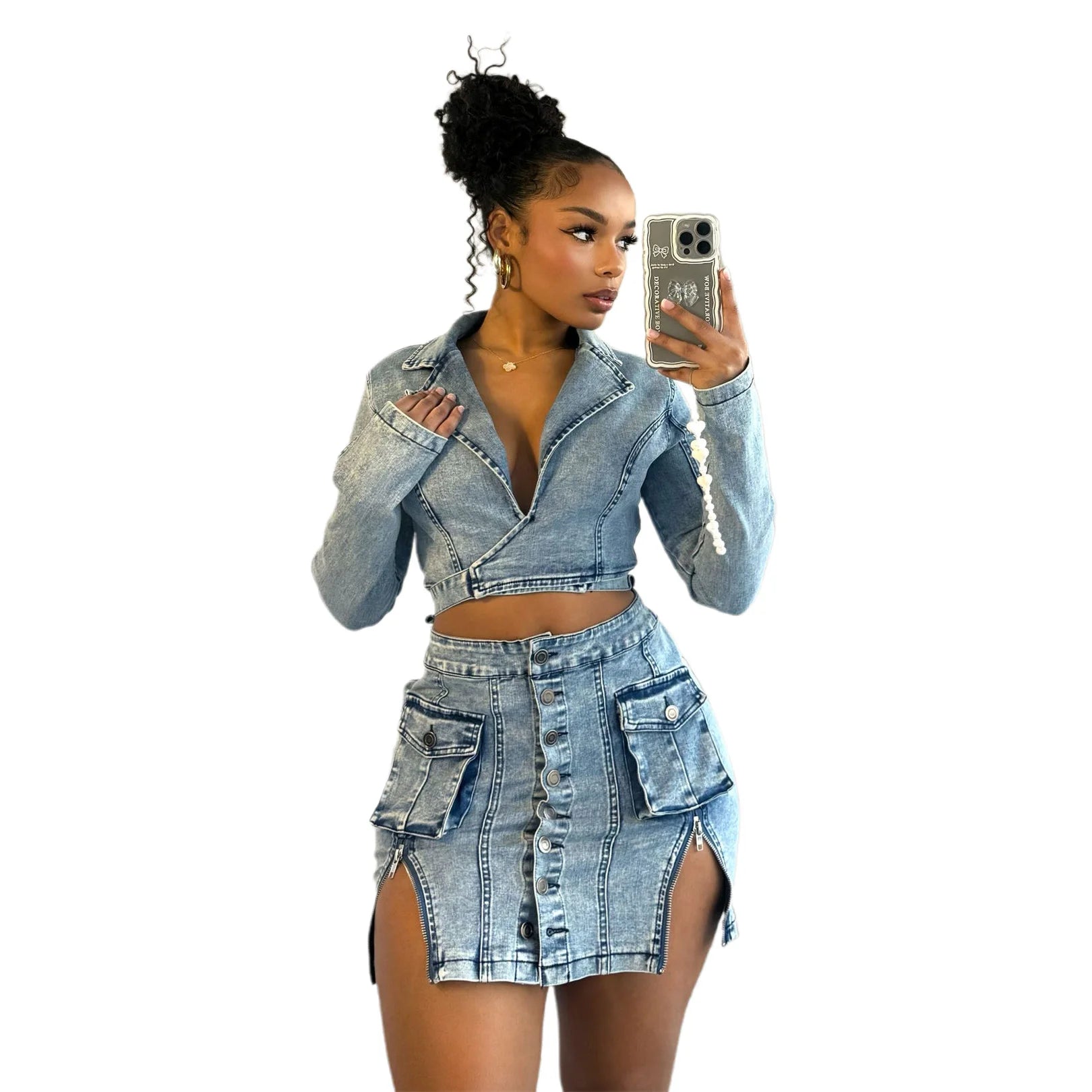 2024 Winter Women Fashionable Heavy Original Jeans Wrap Jacket Pocket Clothes Women Double Split Denim Dress