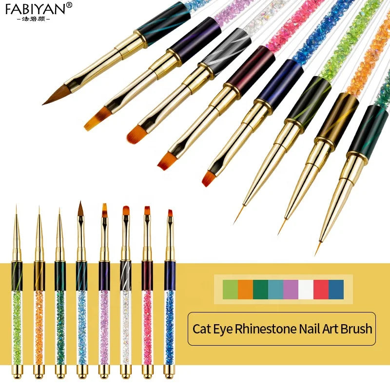 Crystal Gradient Acrylic Nail Art Painting Drawing Flower Liner Brush Pen Rhinestones Handle Design Cat Eye Brush