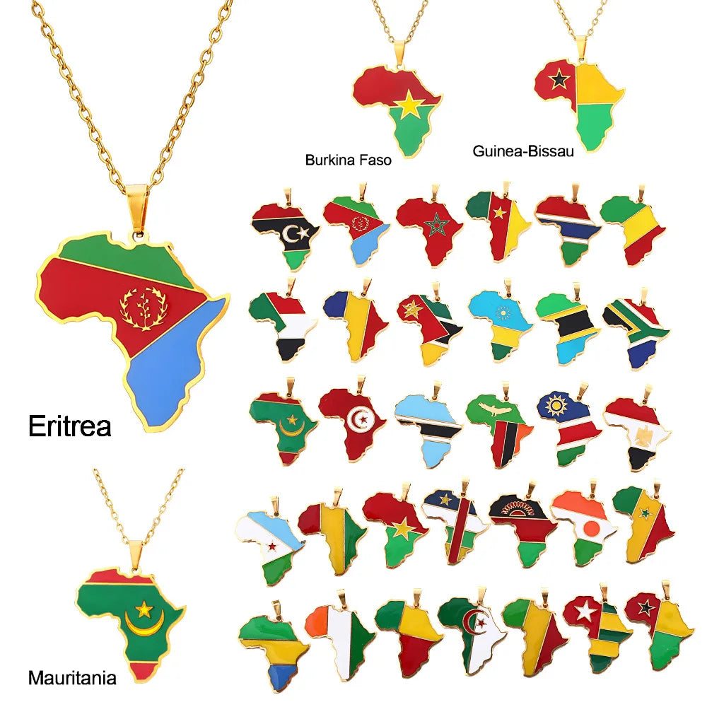 Hot Selling Stainless Steel Link Chain Necklace with Drop Oil Africa Map Featuring Cote D'Ivoire Rwanda Egypt Uganda Gift