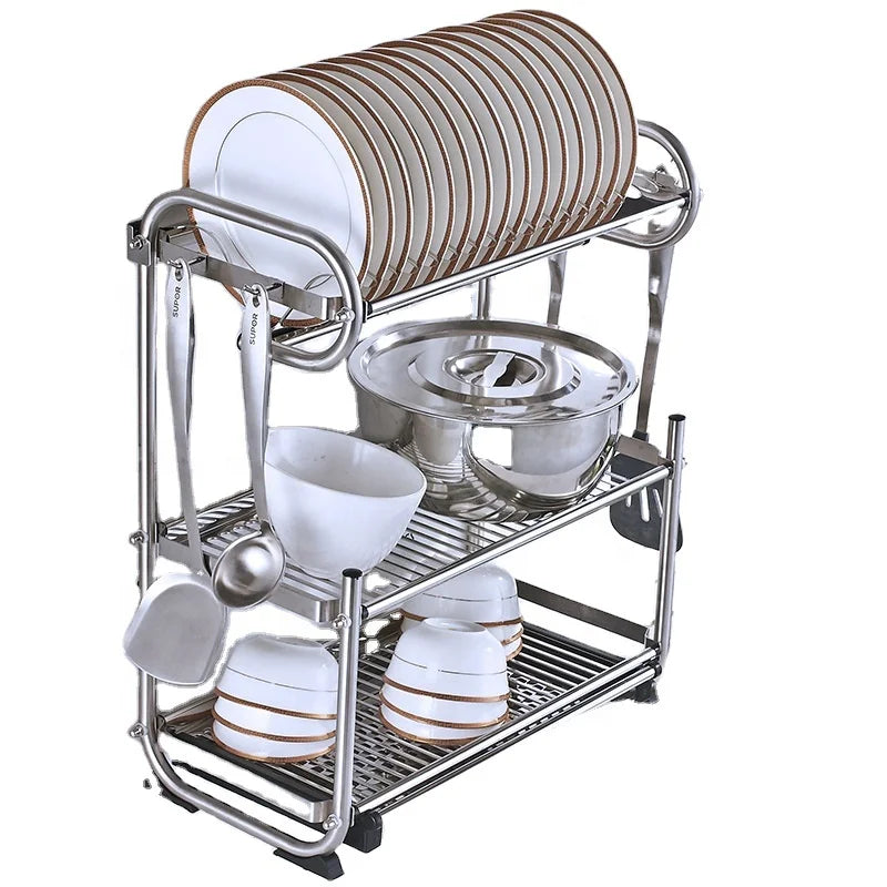 Kitchen Organizer Floor-standing Dish Bowl Drying Rack Storage Holder 304Stainless Steel Dish Drying Rack Wall Mounted with Hook