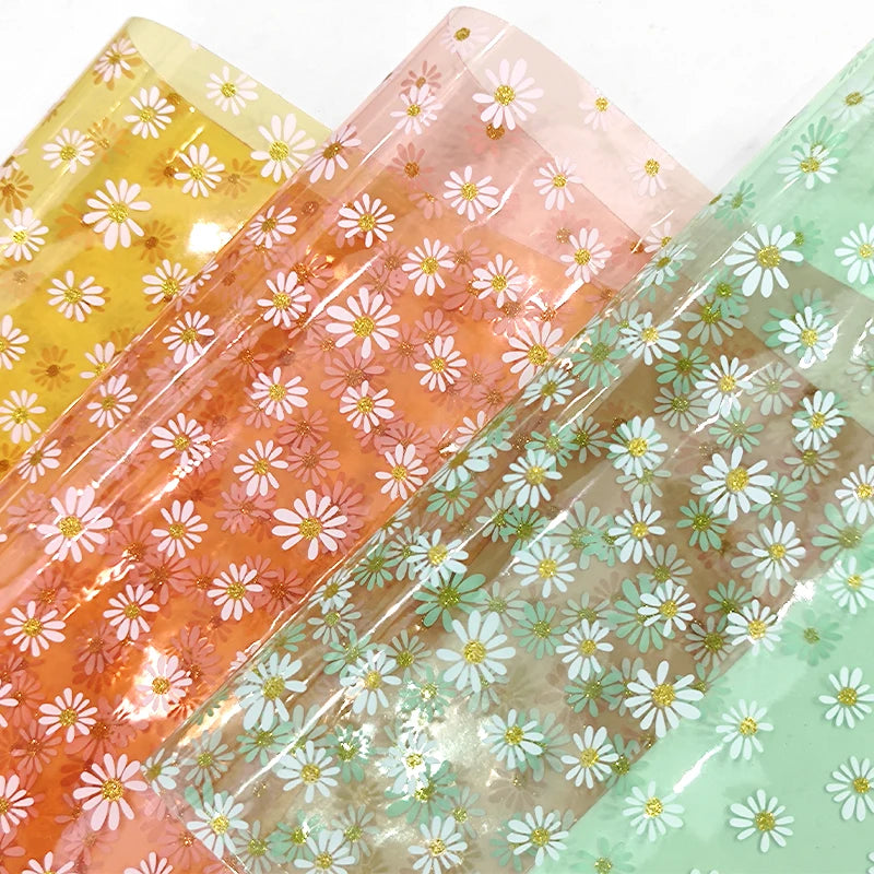 Small Daisy Pattern Design PVC Plastic Vinyl Film Jelly Color Transparent Synthetic Leather Fabric for Waterproof Cosmetic Bag