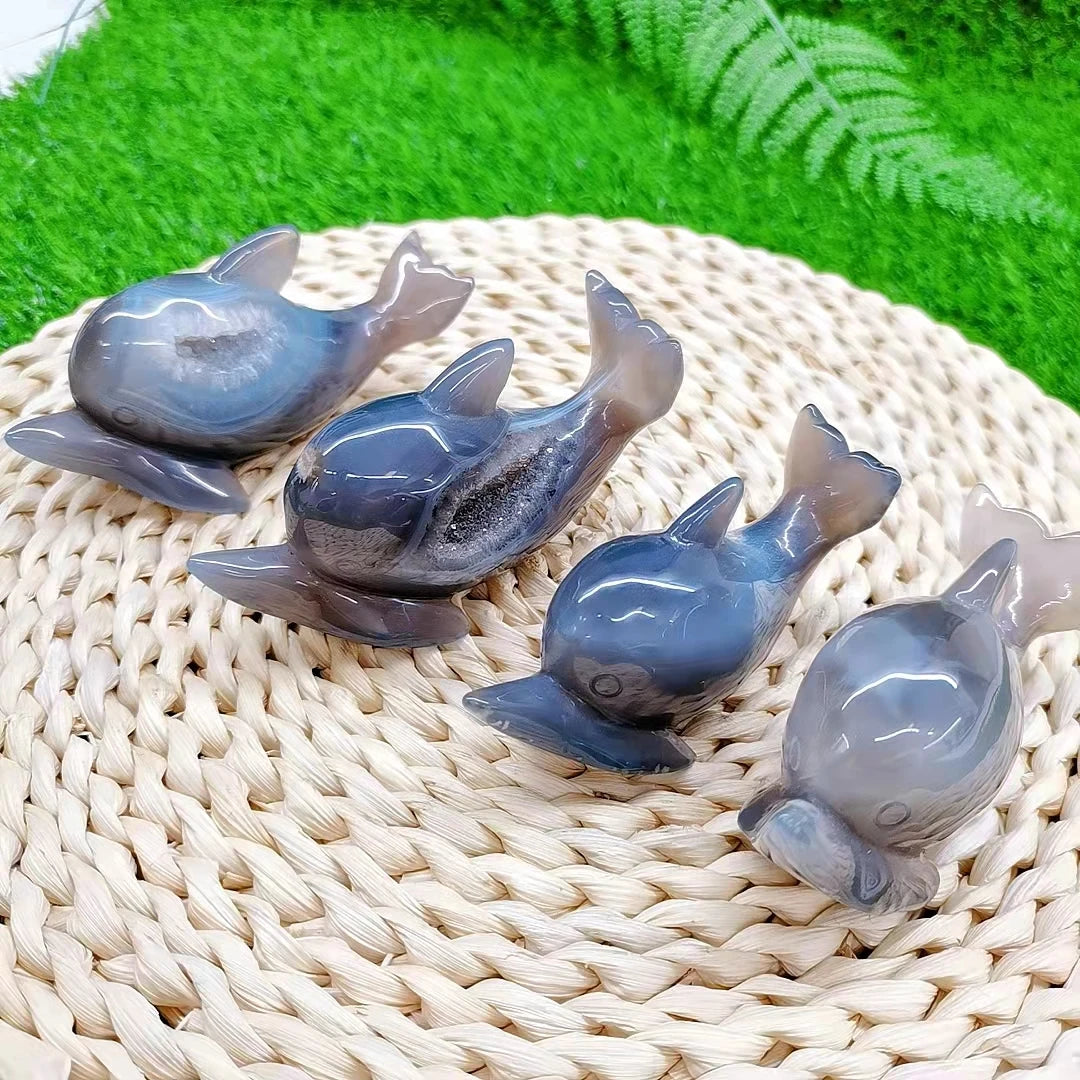 Natural Healing Crystal Druzy Agate Animal Crafts Gray Agate Geode Dolphin Carving Craft for Decoration
