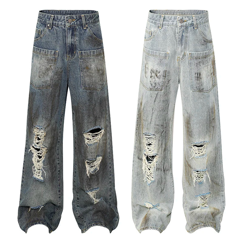 Ripped Jeans Women Washed High Street Tie Dye Hole Multiple Pockets Wide Leg Hanging Sensation Wholesale Jeans