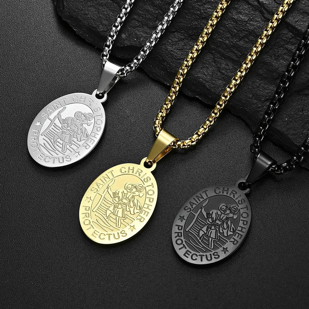 New Stainless Steel Archangel Saint Michael Necklace Saint Christopher Medal Religious Christian Pendant Necklace