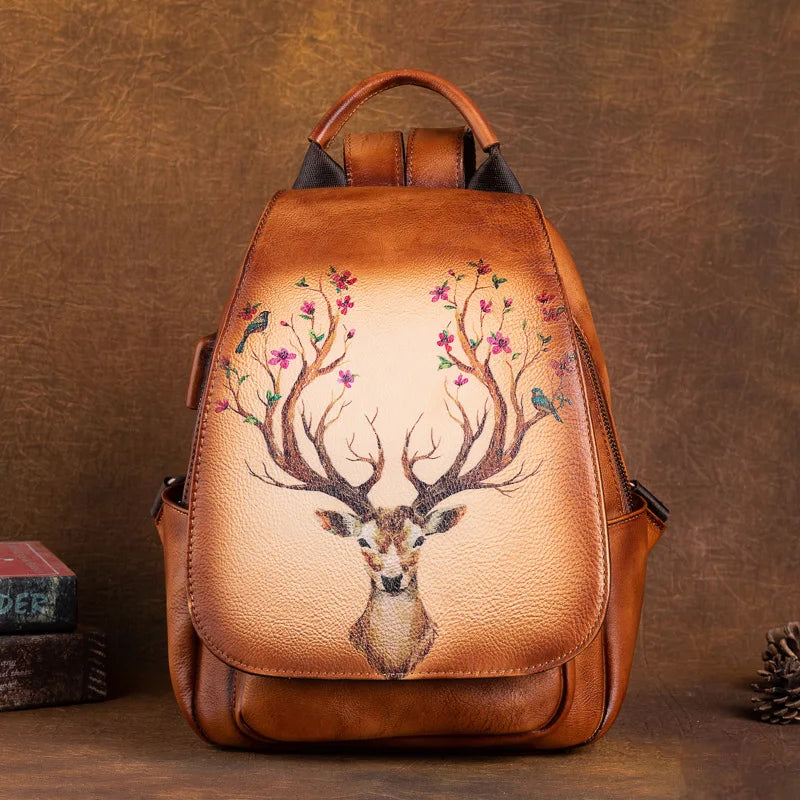 Original Design Animal Print Cowhide Leather Bag Backpack Retro Handmade Travel Bag Ladies Genuine Leather Backpack for Women