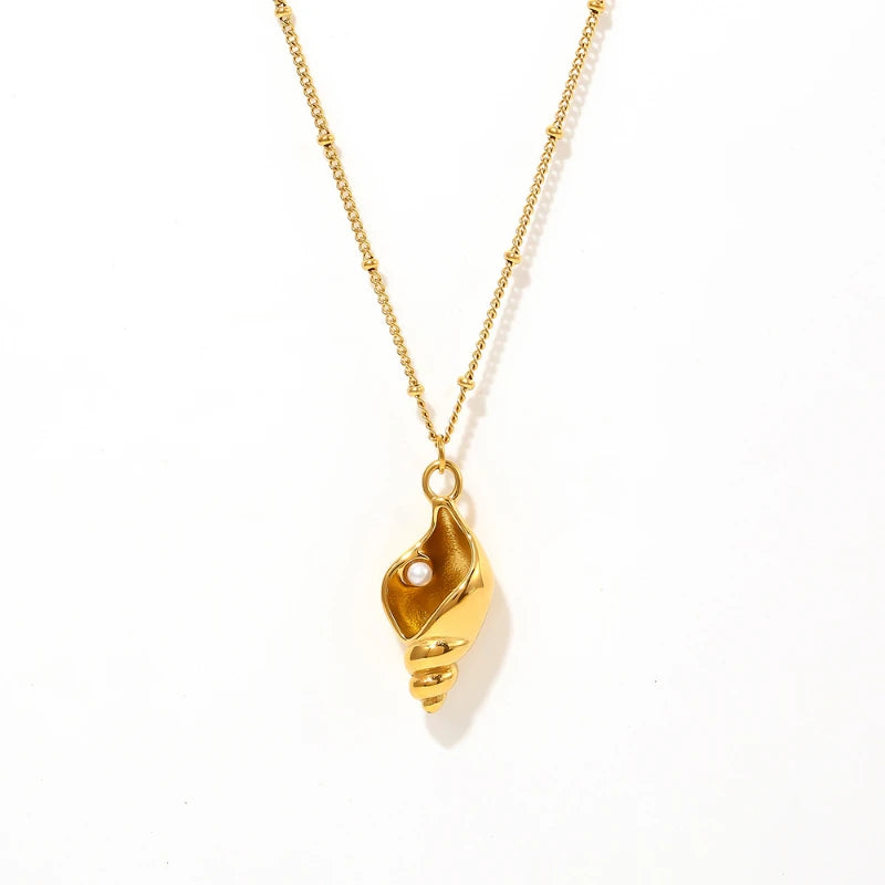 G4026 Wholesale Stainless Steel Gold Necklace Dainty Snake Chain Imitation Pearl Sea Conch Pendant Necklaces Fashion Jewelry