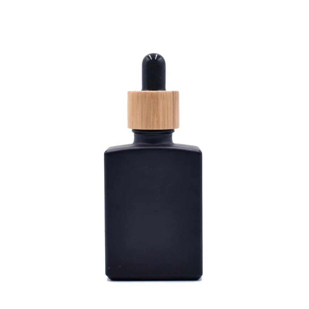 Rectangle 1oz/30ml Cosmetic Glass Dropper Oil Serum Bottle With Bamboo Lid